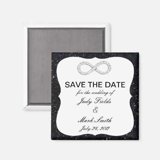 Schwarzer Glitzer-Unendlichkeits-Save the Date Magnet (Vorderseite/Rückseite)