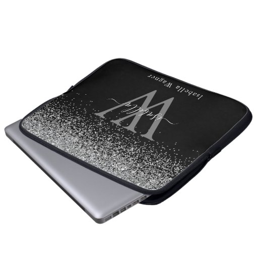 Schwarzer Glitzer verschieben Eleganter Skriptname Laptopschutzhülle (Vorne Knopf)