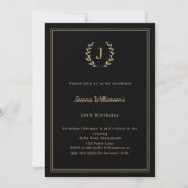 Schwarzer Gold-Monogramm-Kranz minimalistischer Ge Einladung (Vorderseite)