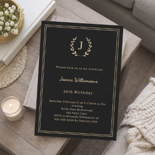 Schwarzer Gold-Monogramm-Kranz minimalistischer Ge Einladung