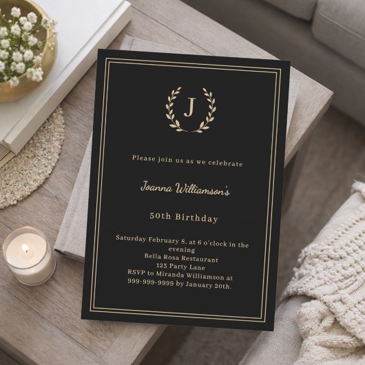 Schwarzer Gold-Monogramm-Kranz minimalistischer Ge Einladung