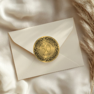 Schwarzer goldener Blumenkreis zum 50. Hochzeitsta Runder Aufkleber