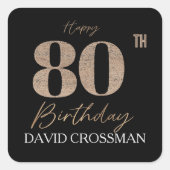 Schwarzer & Goldener Eleganter Glitter 80. Geburts Quadratischer Aufkleber (Vorderseite)