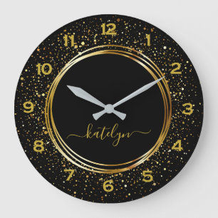 Schwarzer goldener Glitterstaub Monogramm Große Wanduhr