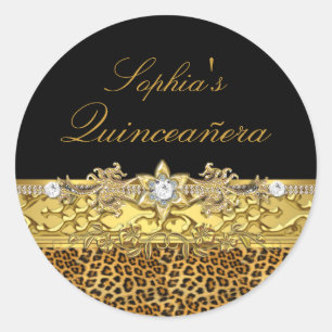 Schwarzer & Goldener Leopard Quinceanera-Aufkleber Runder Aufkleber
