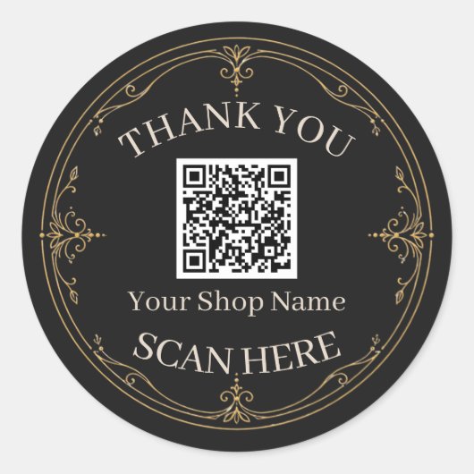 Schwarzer Goldener QR-Code Dankeschön für Kleinunt Runder Aufkleber (Vorderseite)