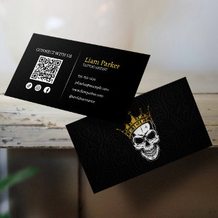 Schwarzer, Goldener Tätowierer Totenkopf QR Code I Visitenkarte