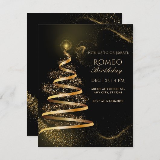 Schwarzer goldfarbener Weihnachtsbaum BIRTHDAY Einladung (Vorne/Hinten)