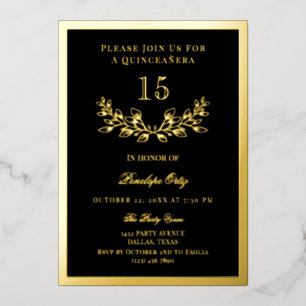 Schwarzer & Goldfolie Kranz Quinceañera Folieneinladung