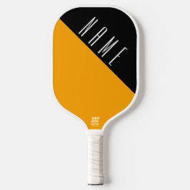 Schwarzer goldgelber, weißer Diagonaltext Pickleball Schläger