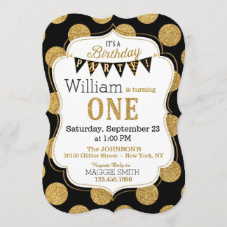 Schwarzer GoldGlitzer-Schein-erster Geburtstag Einladung
