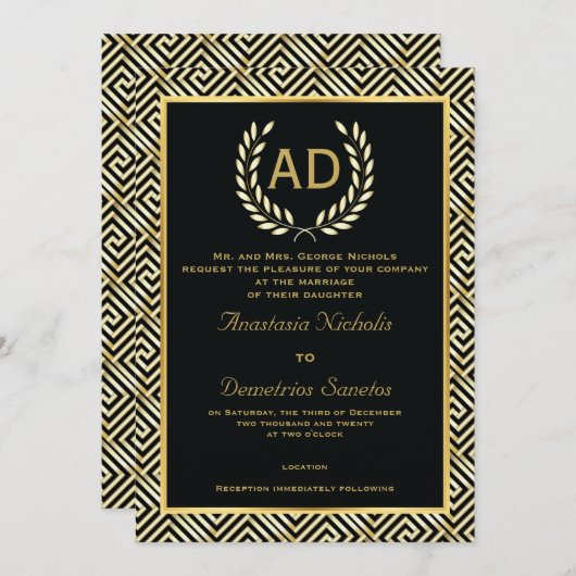 Schwarzer, goldgriechischer Schlüssel und Lorbeerk Einladung (Vorne/Hinten)