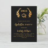 Schwarzer Goldlaurel Wraath 2025 Graduation Party Einladung (Stehend Vorderseite)