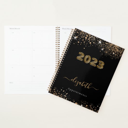 Schwarzer Goldleopard-Glitzer-Monogramm 2023 Planer (Anzeige)