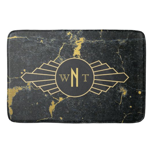 Schwarzer Goldmarmor Drei Buchstaben Monogram Art Badematte (Vorderseite)