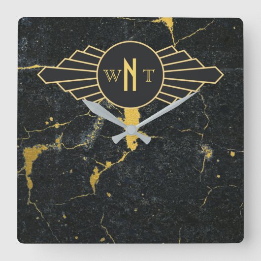 Schwarzer Goldmarmor Drei Buchstaben Monogram Art  Quadratische Wanduhr (Vorderseite)