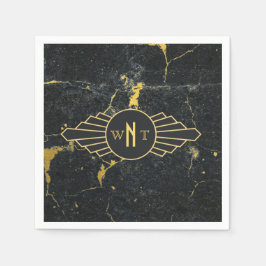 Schwarzer Goldmarmor Drei Buchstaben Monogram Art  Serviette