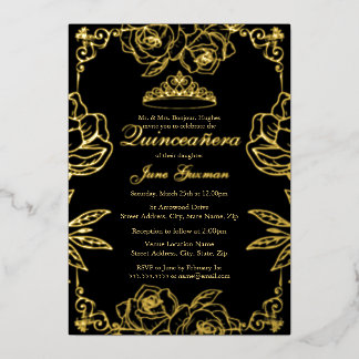 Schwarzer Goldrosengarten Quinceanera Folieneinladung