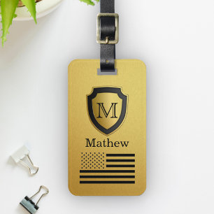 Schwarzer Goldschild USA-Flaggen-Monogramm-Name mä Gepäckanhänger