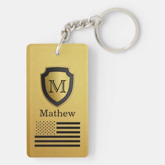 Schwarzer Goldschild USA-Flaggen-Monogramm-Name Schlüsselanhänger (Rückseite)