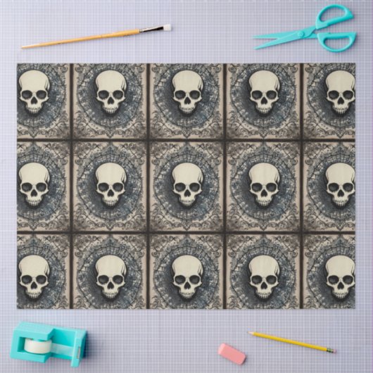 Schwarzer Gothischer Schädel, Spinnennetz-Ornament Seidenpapier (Basteln)