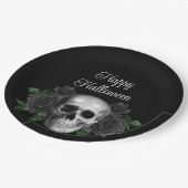 Schwarzer gotischer Blumen-Schädel-Halloween Pappteller (Schrägansicht)