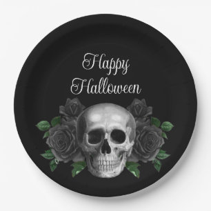 Schwarzer gotischer Blumen-Schädel-Halloween Pappteller