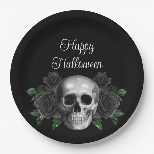 Schwarzer gotischer Blumen-Schädel-Halloween Pappteller (Vorderseite)