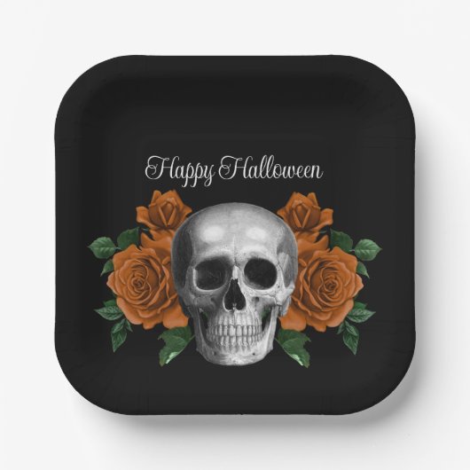 Schwarzer gotischer Blumen-Schädel-Halloween Pappteller (Vorderseite)