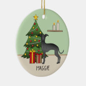 Schwarzer Grauhund Hund mit einem Weihnachtsbaum Keramik Ornament (Rechts)