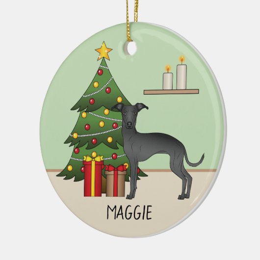Schwarzer Grauhund Hund mit einem Weihnachtsbaum Keramik Ornament (Links)