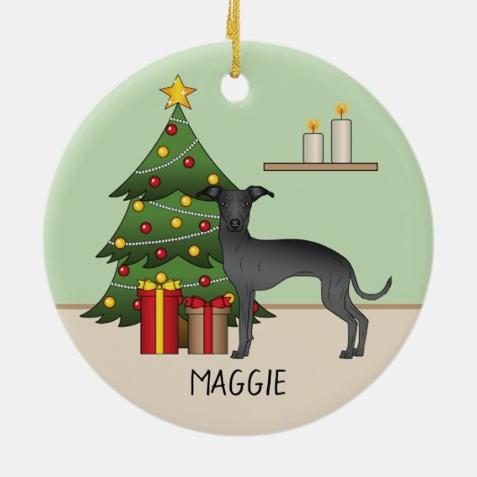 Schwarzer Grauhund Hund mit einem Weihnachtsbaum Keramik Ornament (Hinten)
