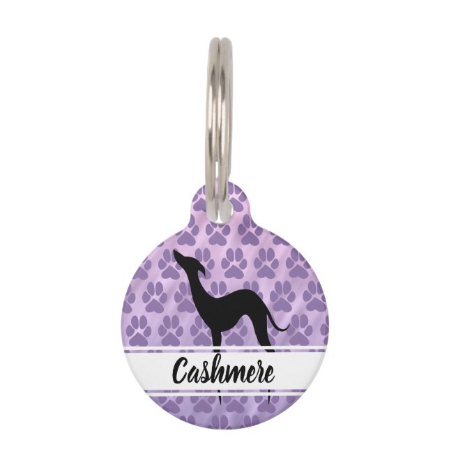 Schwarzer Grauhund-Silhouette-Pfoten druckt Muster Haustiermarke (Vorderseite)