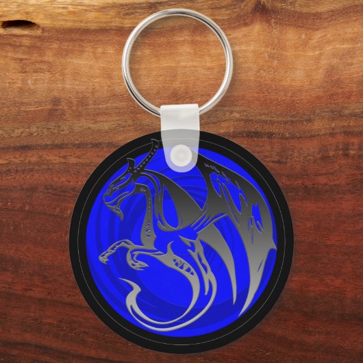 Schwarzer Grunge-Drache rund Schlüsselanhänger (Vorderseite)
