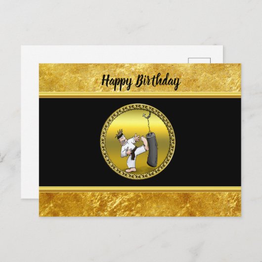 Schwarzer Gürtelkarate-Mann, der eine schwarze Tra Postkarte (Vorne/Hinten)