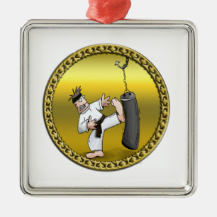 Schwarzer Gürtelkarate-Mann, der eine schwarze Tra Silbernes Ornament
