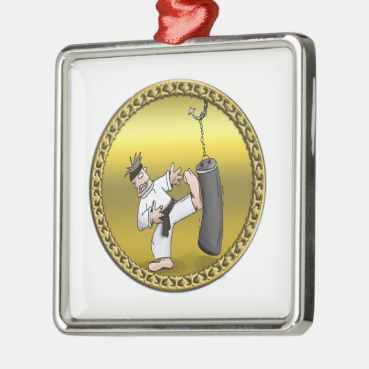 Schwarzer Gürtelkarate-Mann, der eine schwarze Tra Silbernes Ornament (Links)