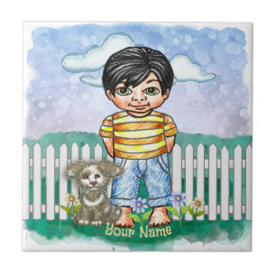 Schwarzer Haarjunge und Hund Fliese