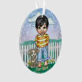 Schwarzer Haarjunge und Hund Ornament (Vorderseite)