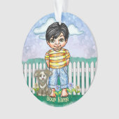 Schwarzer Haarjunge und Hund Ornament (Vorderseite)
