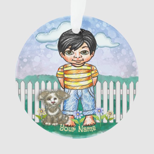 Schwarzer Haarjunge und Hund Ornament (Vorderseite)