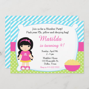 Schwarzer Haarschwanz Slumber Party Geburtstag Einladung