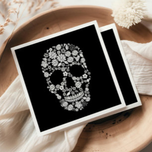 Schwarzer Halloween-Blumen-Schädel Serviette