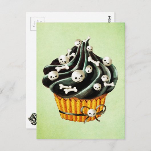 Schwarzer Halloween-Kuchen mit winzigen Schädeln Postkarte (Vorne/Hinten)