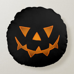 Schwarzer Halloween-Kürbis mit leuchtenden Augen Rundes Kissen