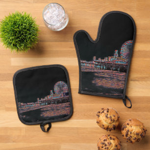 Schwarzer Hartglas Santa Monica Pier Ofenhandschuh & Topflappen-Set