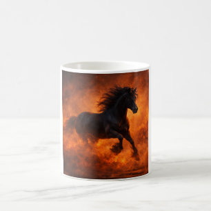 Schwarzer Hengst läuft durch orangen Nebel Kaffeetasse
