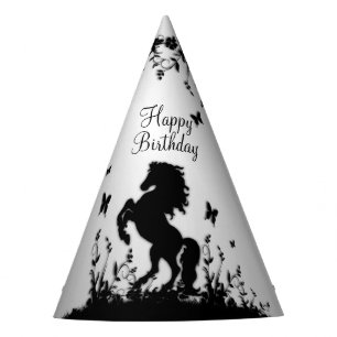 Schwarzer Hengst / Pferd am Silver Birthday zücht Partyhütchen