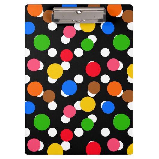 Schwarzer Hintergrund farbenfrohe Polka Punkte Klemmbrett (Vorderseite)