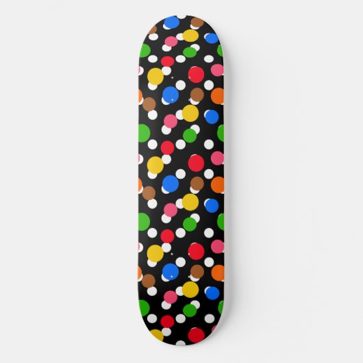 Schwarzer Hintergrund farbenfrohe Polka Punkte Skateboard (Vorderseite)